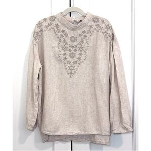 Zara Embroidered Linen Long Sleeve Top in Cream / Light Tan - Size XS